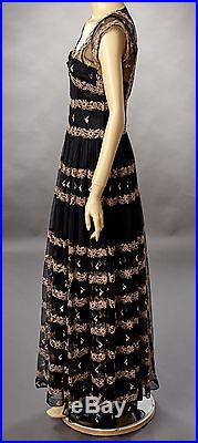 1940s Black Nylon Evening Gown with Pink Embroidery and Matching Rayon Slip