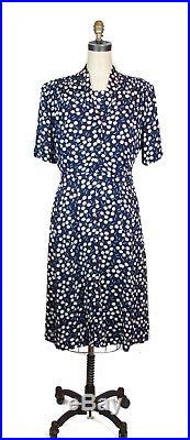 1940s Dress Barbell Novelty Print Rayon Dress Navy Blue With Matching Slip
