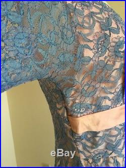 1950's VTG Fitted Wiggle Lace Wedding Bridesmaid DressBlue Peach Slip Sash Med