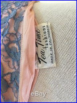 1950's VTG Fitted Wiggle Lace Wedding Bridesmaid DressBlue Peach Slip Sash Med