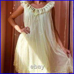 1950s Pastel Chartreuse Puff Nylon Lace Slip Dress