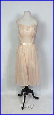 1950s Vanity Fair Peach Pink Chiffon and Lace Slip Dress