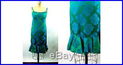 1960s dress damask blue green rose floral slip dress with ruffle Size S/M