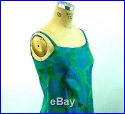 1960s dress damask blue green rose floral slip dress with ruffle Size S/M