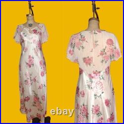 1980s-90s VALENTINO INTIMO Floral Satin Nightgown Slip Dress WithRosettes. Small