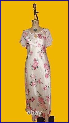 1980s-90s VALENTINO INTIMO Floral Satin Nightgown Slip Dress WithRosettes. Small