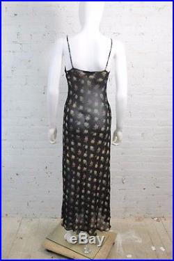 1980s Betsey Johnson Dress Black Floral Sheer Bias Cut Slip Maxi Sleeveless M