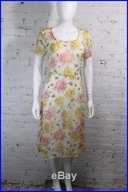 1980s Betsey Johnson Dress Sheer Floral Cabbage Rose White Yellow Slip Gown S