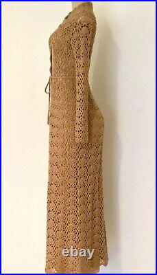 1980s Martha West Beige Hand Crocheted Scalloped Buttoned Neck Long Dress w Slip