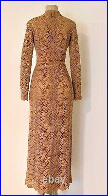 1980s Martha West Beige Hand Crocheted Scalloped Buttoned Neck Long Dress w Slip
