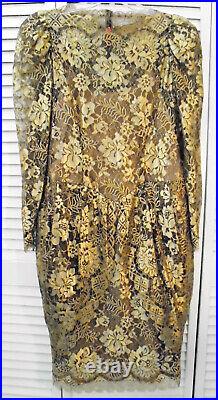 1980s Vintage Farinae Collections Elegant Gold Lace Fancy Party Dress SZ 14