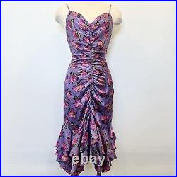 1990s Betsey Johnson New York 100% Silk Mermaid Ruched Vintage Roses Slip Dress