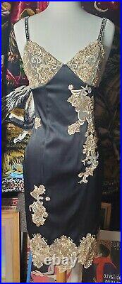 1990s Vintage Cache Slip Dress Size 2 Lace Beaded Appliqué Black Gold small