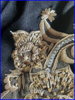 1990s Vintage Cache Slip Dress Size 2 Lace Beaded Appliqué Black Gold small