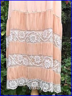 20s Vtg Peach Chiffon Silk Flapper Tea Dress Slip Antique French Lace Gatsby