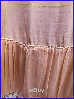 20s Vtg Peach Chiffon Silk Flapper Tea Dress Slip Antique French Lace Gatsby