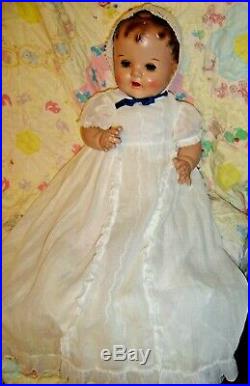 24 Vintage Composition Baby Mama Doll Antique Dress, Slip, Hat, Shoes Green Eyes