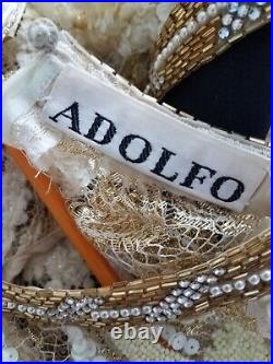 $3,800. Adolfo Vintage Beaded, Gold, Sequin White Lace Dress w Silk Slip sz S, 4