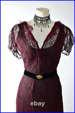 30's burgundy lace dress with slip wearable vintage Downton costume