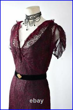 30's burgundy lace dress with slip wearable vintage Downton costume