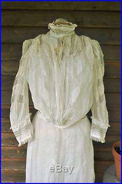 3pc Antique Victorian Wedding Dress Slip Skirt White Ruffles Net Lace Top Blouse