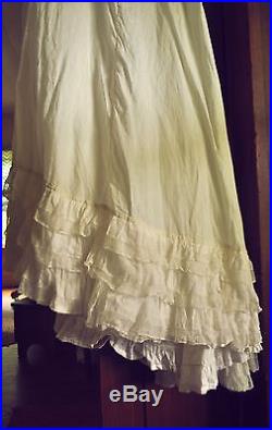 3pc Antique Victorian Wedding Dress Slip Skirt White Ruffles Net Lace Top Blouse