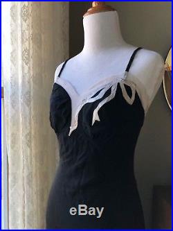 40s THEA TEWI Slip Dress Black Silk Lingerie Pink Bows Appliqué Net Vintage