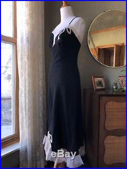40s THEA TEWI Slip Dress Black Silk Lingerie Pink Bows Appliqué Net Vintage