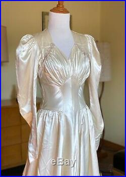 40s Vintage Wedding Gown Liquid Satin Dress Long Train Beaded Top Early 1940s