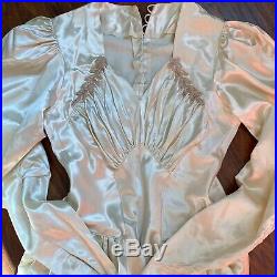 40s Vintage Wedding Gown Liquid Satin Dress Long Train Beaded Top Early 1940s