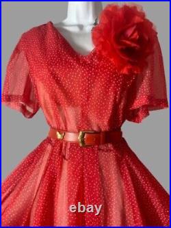 50s Red Dotted Swiss Dress Fit and Flare, Vintage Escada Belt & Slip