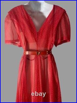 50s Red Dotted Swiss Dress Fit and Flare, Vintage Escada Belt & Slip