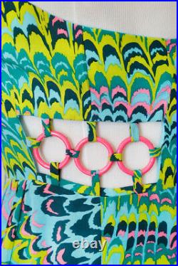60's NANETTE LEPORE Retro Blue Green Pink Vintage Psychedelic Cage Mod Dress 6