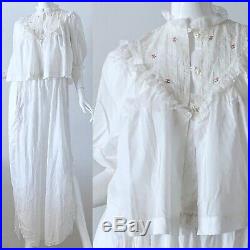 60s Eve Stillman White Silk Floral Embroidered Wedding Peignoir Slip Dress Set