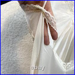60s Vintage Flair Ivory White Satin Nylon Lace Lingerie Negligee Maxi Slip Dress