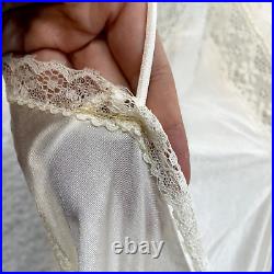 60s Vintage Flair Ivory White Satin Nylon Lace Lingerie Negligee Maxi Slip Dress