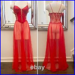 70s Frederick's of Hollywood Silky Satin Red Corset Sheer Maxi Gown Slip Dress M