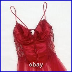 70s Frederick's of Hollywood Silky Satin Red Corset Sheer Maxi Gown Slip Dress M