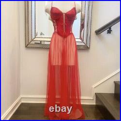 70s Frederick's of Hollywood Vintage Red Corset Sheer Maxi Gown Slip Dress M