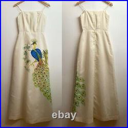 70s Hand Painted PEACOCK Long Slip Dress Bird Leaf Branch Vintage Maxi 0 2