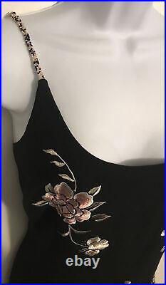 90's Asian Rose Gold Pastel Embroidered Black Cocktail Dress NWT Beaded Strap 14