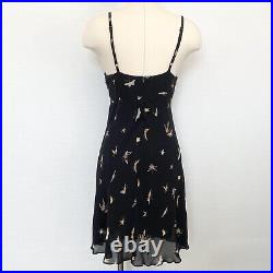 90s Betsey Johnson Vintage Rayon Bias Butterfly Rare Print Black Slip Dress 8