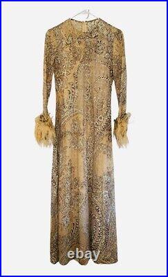 A. J. Bari 70's Vintage Lace Feather Cuff Long Sleeve Maxi Gown Dress & Slip S\XS