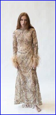 A. J. Bari 70's Vintage Lace Feather Cuff Long Sleeve Maxi Gown Dress & Slip S\XS