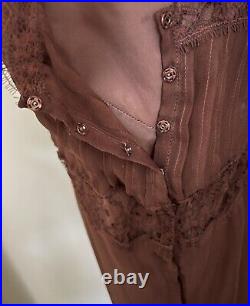 ALBERTA FERRETTI Vintage Brown Silk Lace Midi Slip Dress Size US 8, IT 42