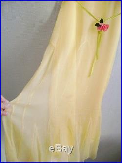 Antique 1930's Yellow Sheer Silk Georgette Mermaid Hem Dress With Matching Slip