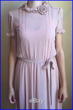 AUTH Vintage Dress DESIGNER Albert Nipon with flower, SILK SLIP 60s 70s