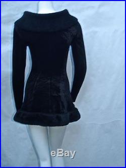 AZZEDINE ALAIA VINTAGE 1990'S BLACK MINI SLIP-ON DRESS -FAUX FUR TRIM S