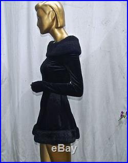 AZZEDINE ALAIA VINTAGE 1990'S BLACK MINI SLIP-ON DRESS -FAUX FUR TRIM S