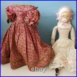 Antique 10.5Parian Bisque Doll Molded Bonnet Pink Bows Lace Trimmed Slip& Dress